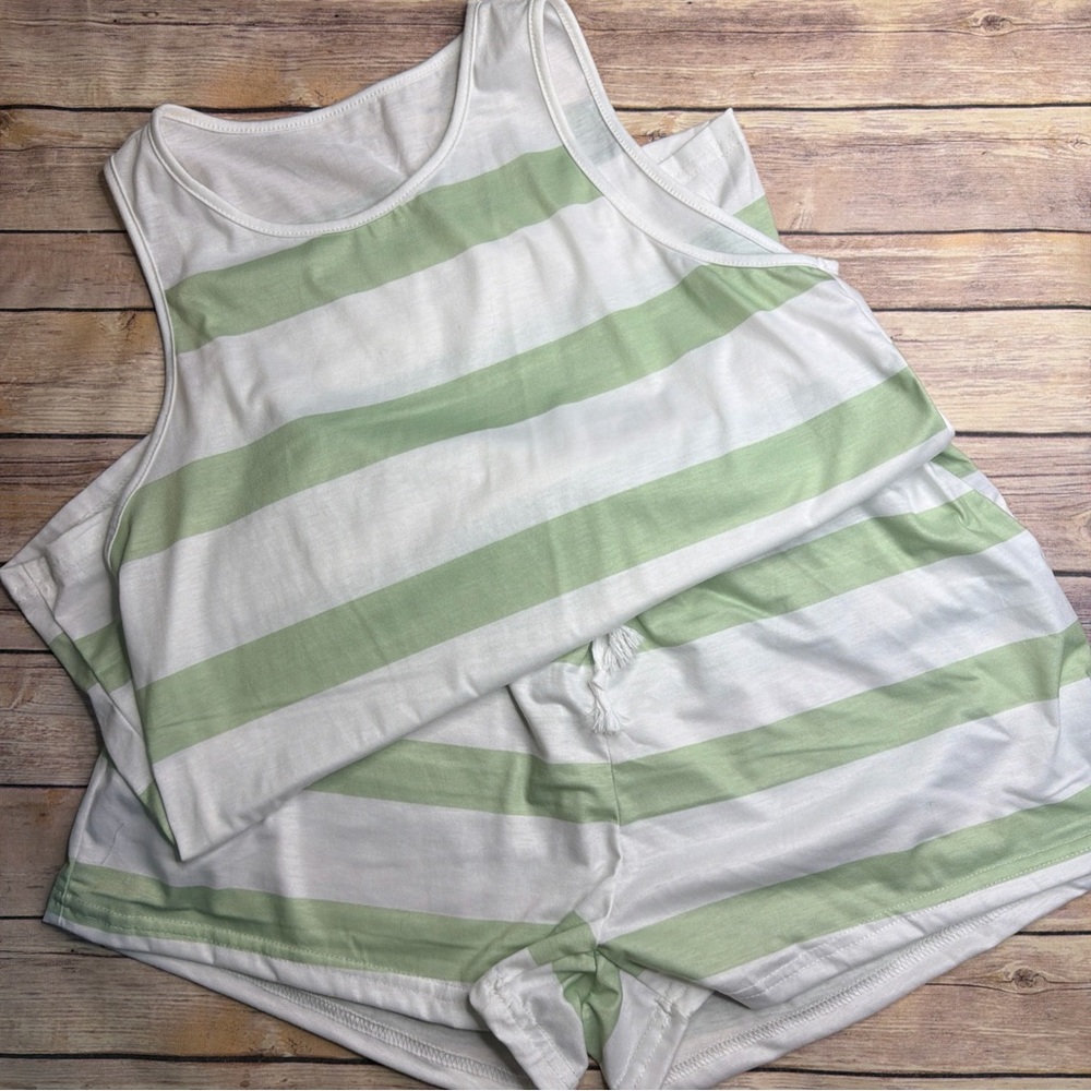 SHEIN White and Light Green Striped Tank & Short Romper Set